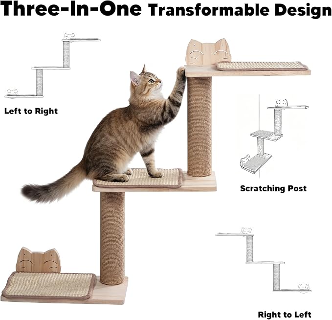 3-in-1 Cat Wall Shelves, Reversible Cat Wall Steps & Sisal Mat | Jute Scratching Post, Solid Pine Wood Cat Wall Furniture, Corner Cat Stairs for Climb Nap Scratch, Fits 16" Stud Drywall - Image 5