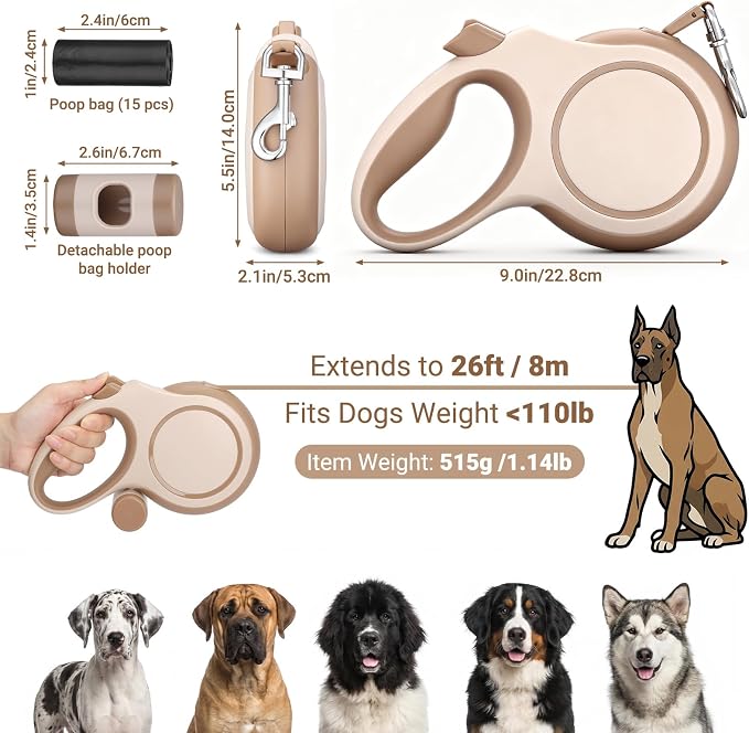Segarty 26 Ft Walking Lead with Poop Bag Holder for Pet 66 lbs - 110 lbs, 360°Tangle-Free 8m Long Retractable Leash with Anti-Slip Handle One-Handed Brake Pause Lock, Heavy-Duty Leash for Dogs Outside - Image 2