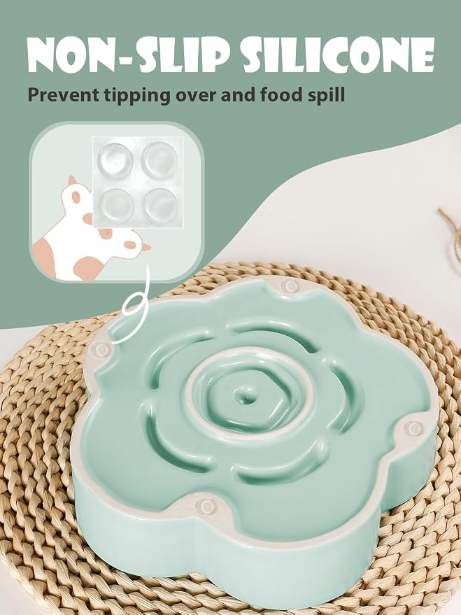 Ceramic Slow Feeder Dog/Cat Bowl 8" 11.3oz Medium Large | Anti-Choking Slow Food Bowls, Slow Feeder for Large Breeds, Plum Puzzle Design, Non-slip Silicone, Dishwasher Safe, Green - Image 6