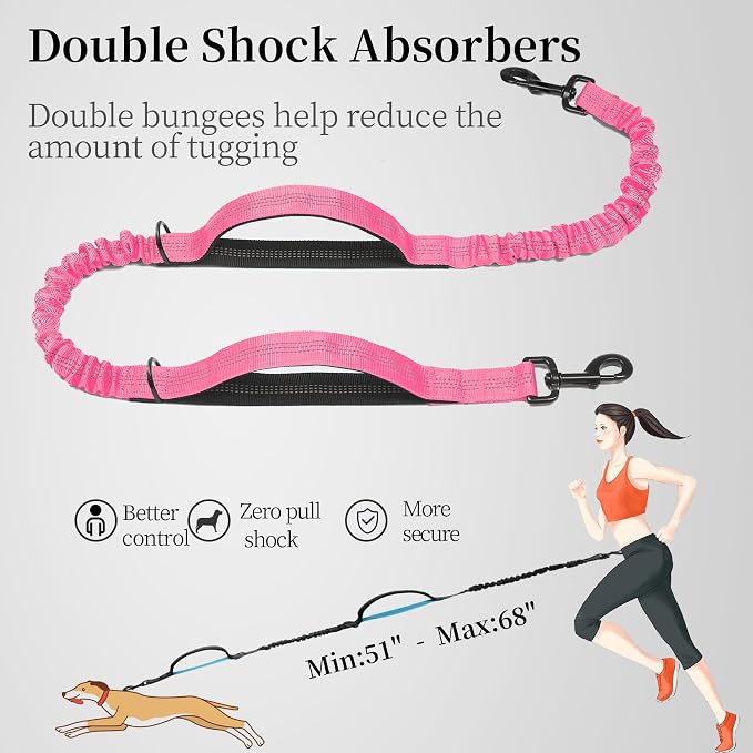Hands Free Dog Leash with Zipper Pouch, Large, 25-120 lbs, Pink | Waist Leash, Dual Padded Handles, Shock-Absorbing Bungee, Adjustable Waist Belt, Walking and Running - Image 5