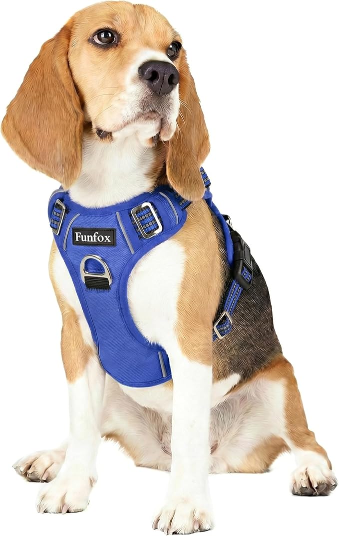 Dog Harness No Pull, Adjustable Pet Vest Harness, Super Soft Material with Vertical Handle Easy Control, Reflective Night Walking, 2 Leash Clips for Medium Sized Dogs, Blue, M by MyFUNFOX