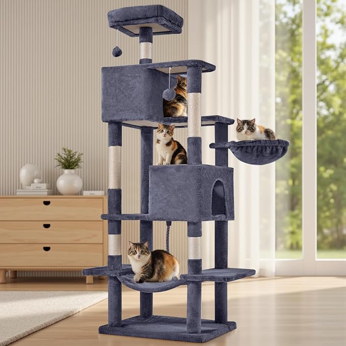 DUMOS Large 66 Inch Cat Tree Tower with Scratching Posts, Indoor Use | Tall Multi Level Cat Climbing Tower with Hammock, Pet Condo for Cats and Kittens Play, Dark Grey - Image 7
