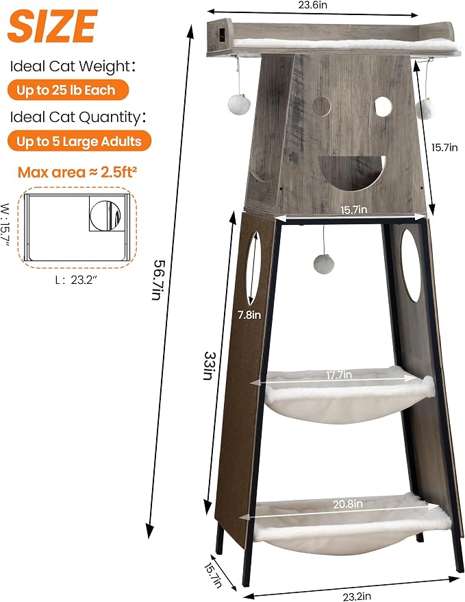 56in Modern Wood Cat Tree Tower for Indoor Cats with Hammock | Multi-Level Climbing Design, 2 Spacious Hammocks, Top Perch, Cat Condo, Scratching Boards, Ideal for Multi-Cat Homes,Greige - Image 9