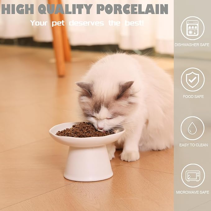 Extra Wide 6.1" Raised Cat Food Bowl, Shallow Ceramic Elevated Cat Feeder, Anti Vomiting, Stress Free, Whisker Fatigue, Pet Food or Water Bowl, White - Image 4