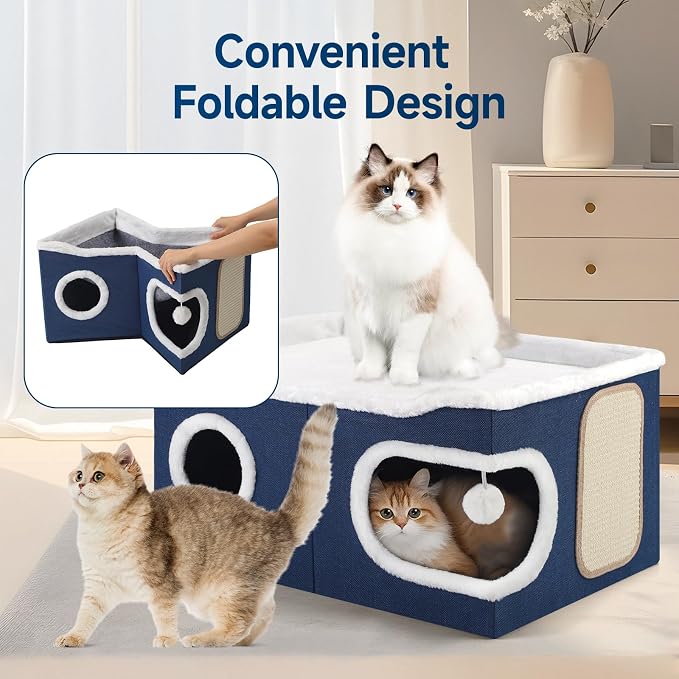Shikha Extra Large Cat House Bed for Multi Cats with Scratch Pad Blue | 24 x 17.7 x 12.6 IN Widen Cat Cave Cube for Multi Pets, Foldable, Arc-Edge Design, Oval Door, All Seasons Reversible Cushion - Image 6