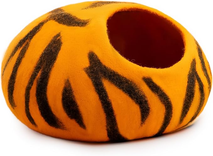 Luxurious Merino Wool Cat Cave - Foldable Hideaway Pod for Indoor Cats - Premium Felt Kitten Pet Enclosure - Covered Cat House for Ultimate Cozy Comfort by Woolygon (Tiger) - Image 5