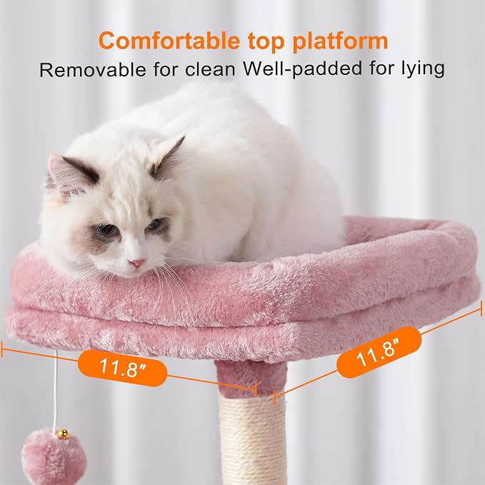 Heybly Cat Tree with Toy, 43.3 inch Cat Tower condo for Indoor Cats, Cat House with Padded Plush Perch, Cozy Hammock and Sisal Scratching Posts, Skin Pink HCT004SP - Image 7