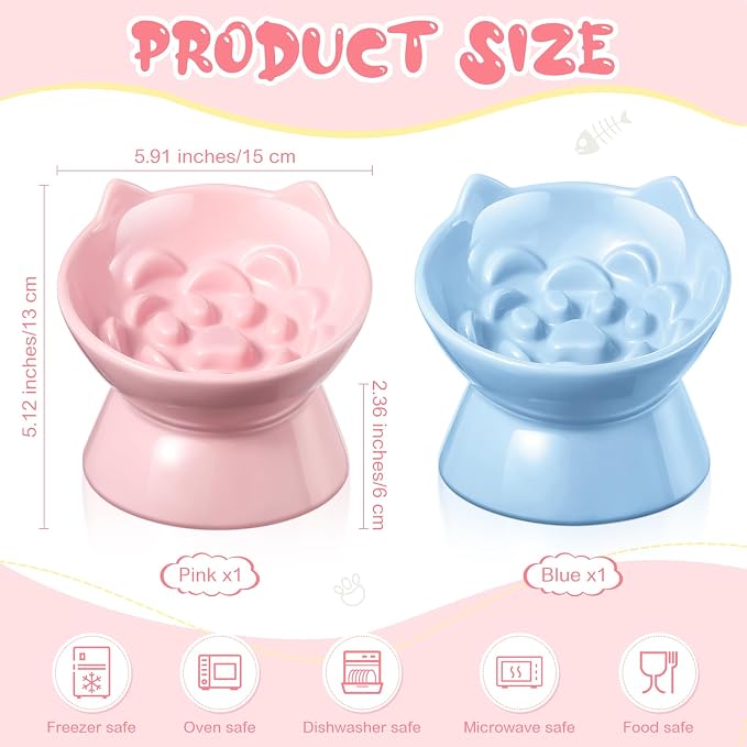 Funnymoom 2 Pcs Ceramic Raised Slow Feeder Cat Bowl, 5.91inch Elevated Cat Slow Feeder Bowl Tilted Anti Vomiting for Dry Wet Food and Water Easy to Clean High Edge(Pink, Blue) - Image 2