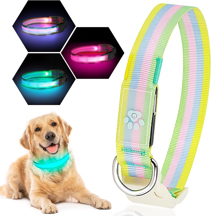 Light Up Dog Collar, Rechargeable LED Dog Collar, Color Changing Dog Collar for Night Walking, Adjustable Lighted Dog Collar for Small Medium Large Dogs, Multicolor Stripe, USB Rechargeable (M) - Image 8