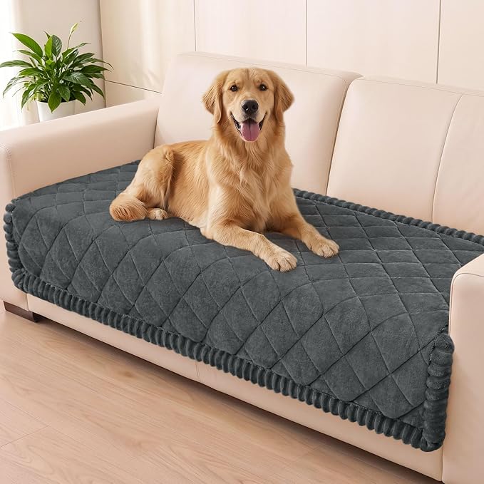 Smiry Non Slip Couch Cover for Dogs, Fuzzy Plush Pet Sofa Protector | Washable Furniture Cover for Large Dogs & Cats, Scratch & Dirt Resistant, For 3 Cushion Couch, Dark Grey, 35.4"x95" by Smiry