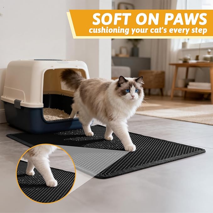 Pieviev Kitty Litter Mat, Double-Layer Waterproof Design, 30" x 24" Black | Honeycomb Litter Box Mat Catches Scattered Particles to Stop Tracking, Urineproof Base protects Floors, Easy to Clean - Image 4