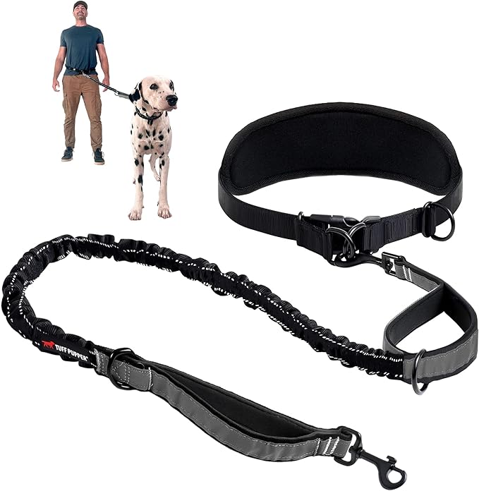 Tuff Pupper Hands Free Bungee Dog Leash, Waist Belt for Running & Walking | Heavy Duty for One Large Dog up to 125 lb, Shock Absorbing with Lumbar Support & Reflective Padded Handles for Jogging by TuffPupper
