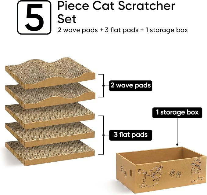 5 Packs Cat Scratcher Set with Storage Box, 2 Wave Lounge Pads + 3 Flat Corrugated Cardboard Scratch Pads for Indoor Cats, Replaceable Scratch Boards to Protect Furniture - Image 2