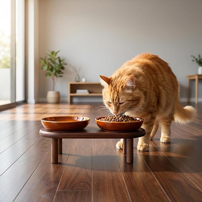 SPUNKYJUNKY Extra Wide Elevated Ceramic Cat Bowl with Acacia Wood Stand Whisker Friendly (Cat Paw Pattern, Brown) - Image 6