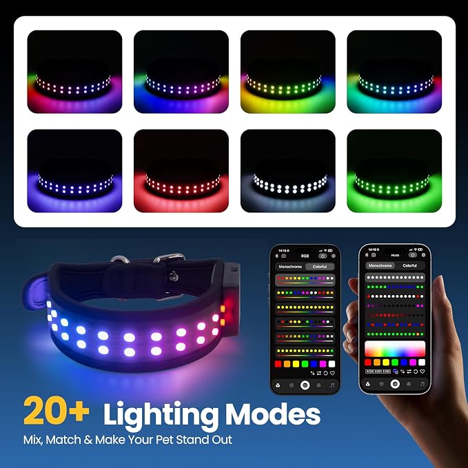 UNISE Customizable LED Dog Collar: RGB Color Changing Light Up Dog Collar | 20+ Lighting Modes, Adjustable Brightness for Night Safety, IP65 Waterproof, App Controlled, Fits Small Medium Large Dogs - Image 3