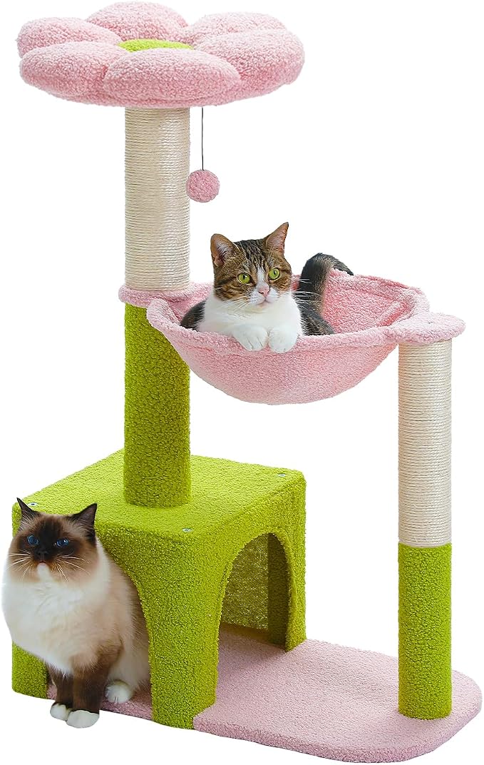Flower Cat Tree with Large Metal Frame Hammock, 35" Cute Cat Tower with Sisal Scratching Posts for Small Indoor Cats, Cat Condo with Pink Top Perch for Kittens, Pink | Flower-shaped top perch, Metal frame hammock, Sisal scratching posts, Cozy pink cond... by MUTTROS