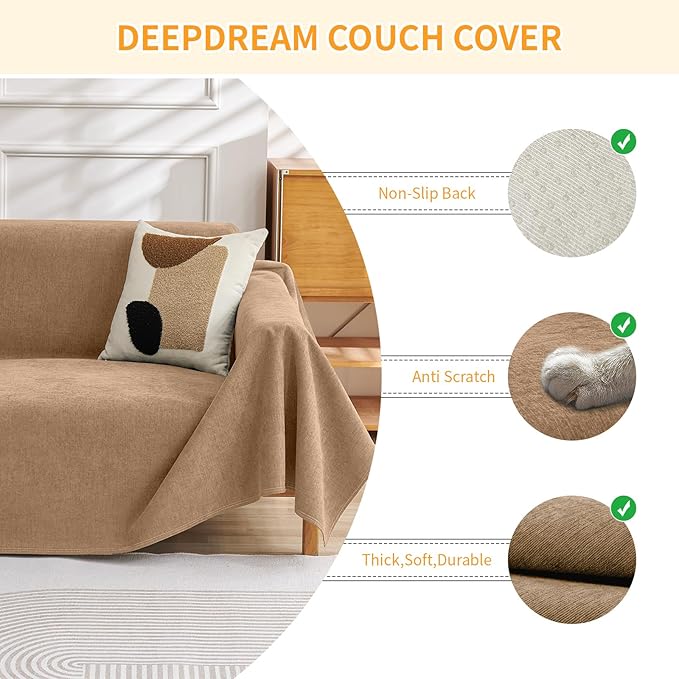Deep Dream Cat-Scratch Resistant Couch Cover, Waterproof Sofa Cover for 3 Cushion Couch Washable, Pet Friendly Couch Protectors Anti Slip Thickened Sofa Slipcovers for Dogs Pets, 71" x 150", Brown - Image 2