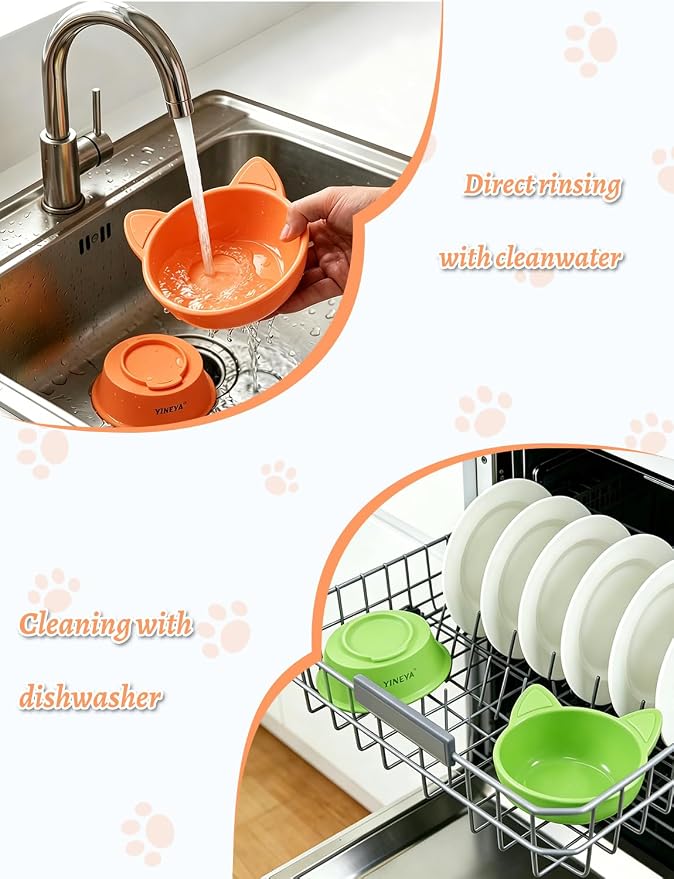 YINEYA Elevated Cat Bowls 2 Pcs, Cat Food Bowl to Protect Neck & Anti-Vomit, Whisker-Friendly Raised Food and Water Bowls Set for Indoor Cats/Small Dogs, Cute Pet Feeding Bowl 6 OZ Each, Orange&Green - Image 7