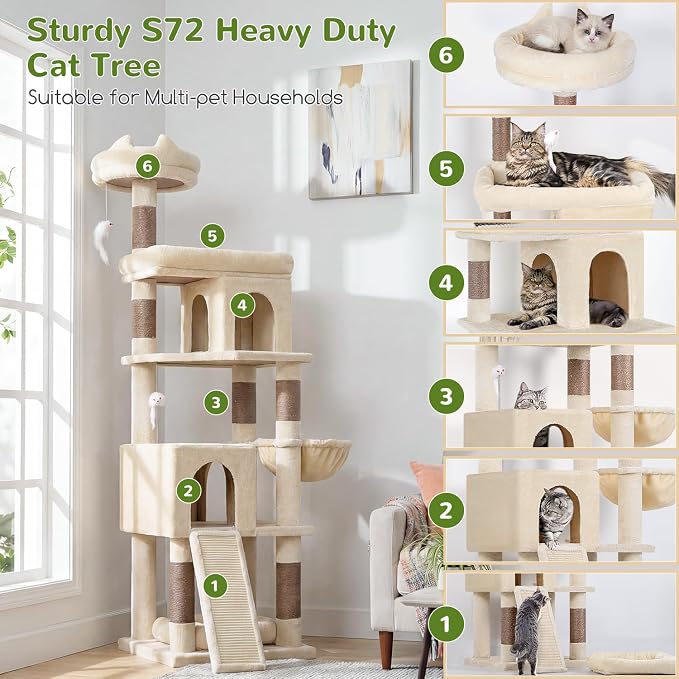Globlazer Heavy Duty Cat Trees for Large Cats, Sturdy 72in Maine Coon Cat Tree for Large Cat 20 lbs+ Heavy Duty Cat Tower for Adult Biggest Cats with 6 Scratching Posts, Hammock, S72, Beige - Image 2