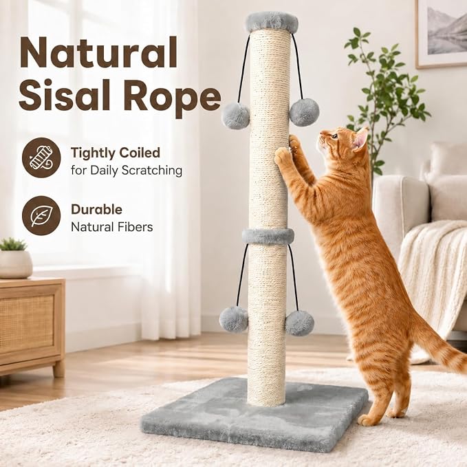 Dimaka 29'' Cat Scratching Post, Natural Sisal Rope Scratcher Post, Kitten Claw Scratch with 4 DanglingToy Balls for Large Cats (Grey) - Image 5