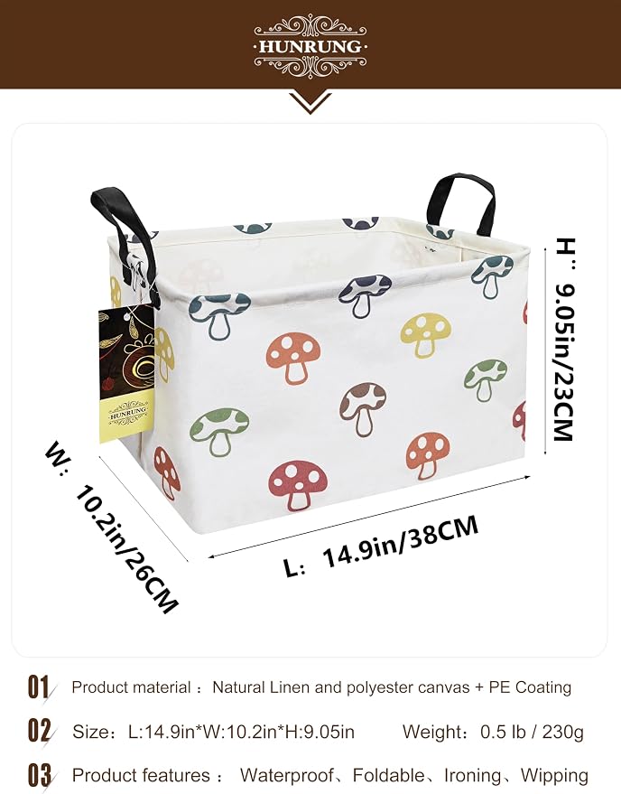 Rectangle Canvas Foldable Storage Basket for Nursery, Color Mushroom | Portable and collapsible cloth receptacle. Stores pet essentials, daily use items. Folds flat when not in use - Image 2