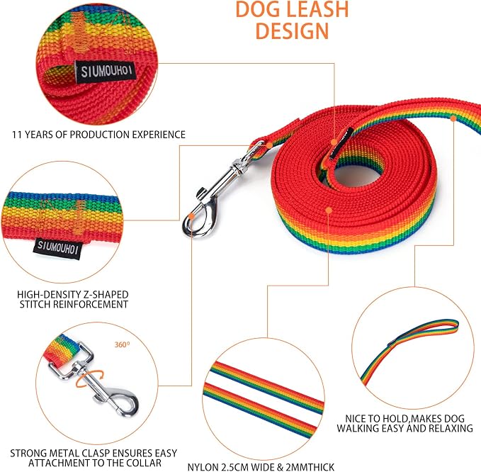 Strong Durable Nylon Dog Training Leash, 1 Inch Wide Traction Rope, 6 ft 10ft 15ft Long, for Small and Medium Dog (Rainbow, 10 Feet) - Image 3