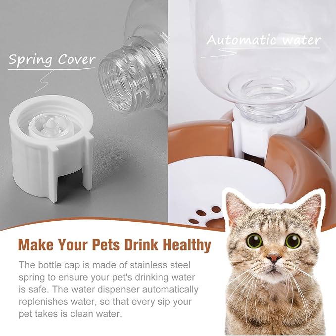 Dog Bowls, Cat Food and Water Bowl Set with Water Dispenser and Stainless Steel Bowl for Cats and Small Dogs - Brown - Image 4