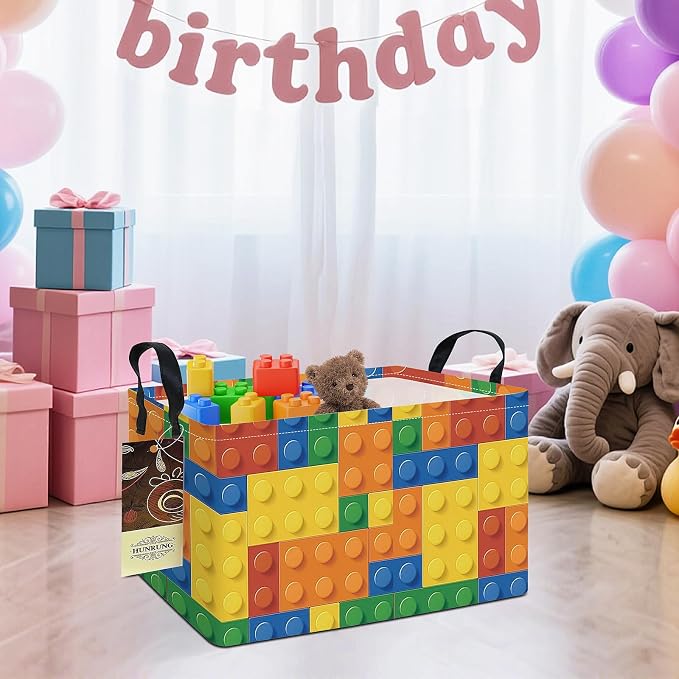 Rectangle Foldable Storage Basket Handles For Home, Colorful Blocks | Waterproof canvas material, reinforced handles, perfect for shelf use, organizes clothes, daily items and pet supplies - Image 8