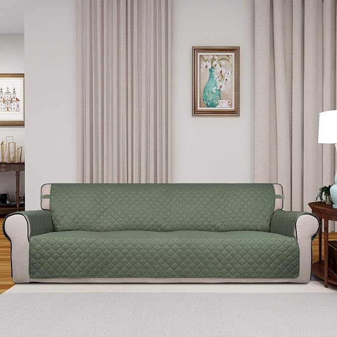 PureFit Reversible Quilted Couch Covers for Dogs Sofa Cover 4 Seater 88" | Greyish Green/Beige, Water Resistant Couch Protector, Washable Pet Couch Cover with Non Slip and Elastic Straps For Kids - Image 2