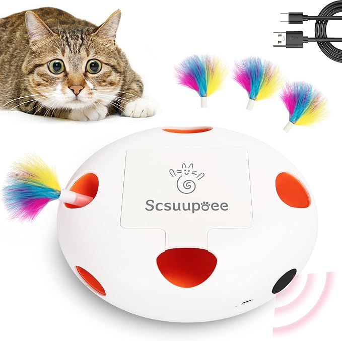 Cat Toys, Rechargeable Interactive Cat Toy, Smart Sensor Pop-Up Feather Toy with 7 Holes, USB Powered Automatic Kitten Toy for Indoor Cats, White | Smart Sensor Pop-Up Feather Toy with 7 Holes USB Powered Automatic Kitten Toy for Indoor Cats by Scsuupoeecattoys