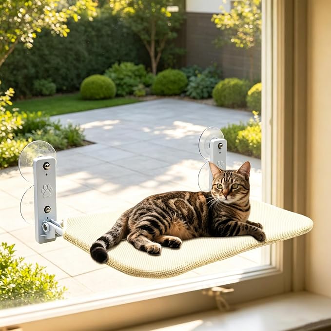 Regular Beige Cat Window Perch – Cordless Foldable Hammock Bed, Zip‑Off Machine Washable Cover, Sturdy Metal Frame Window Bed for Cats and Kittens by Unknown