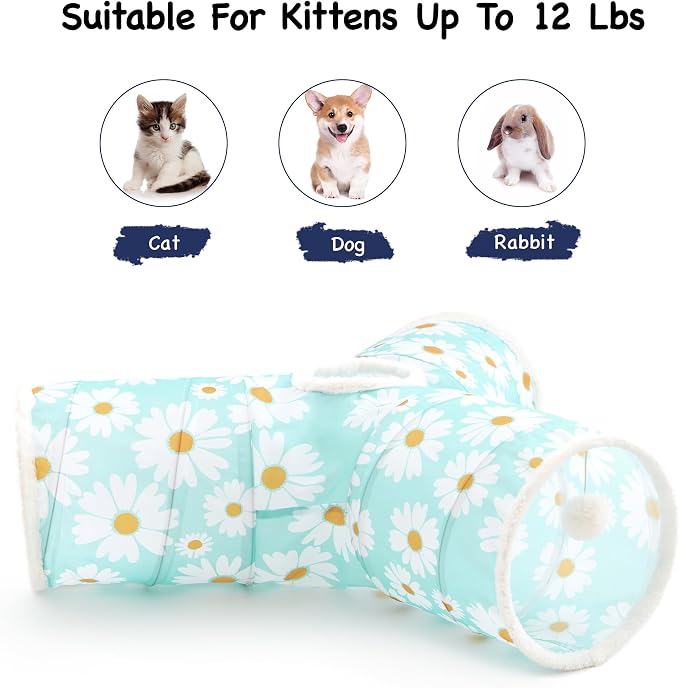 Tempcore Cat Tunnel for Indoor Cats, 3 Way Collapsible Pet Play Tunnel with Teaser Wand, Peek Holes & Hanging Ball, Interactive Tube for Kittens & Rabbits, Daisy Blue Printed - Image 6