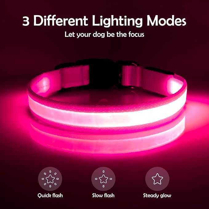 VIZPET LED Dog Collar, Light up Dog Collar Adjustable Safety Glowing Collar | USB Rechargeable Super Bright Light Collars for Dogs(Medium, Pink) - Image 2