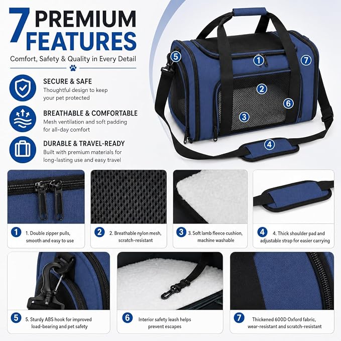 Large Pet Carrier for Cats and Small Dogs, Soft-Sided Travel Carrier with Safety Leash, Scratch-Resistant Mesh, Reinforced PVC Support Base, Foldable Design, 20 x 13 x 13 Inches - Image 7