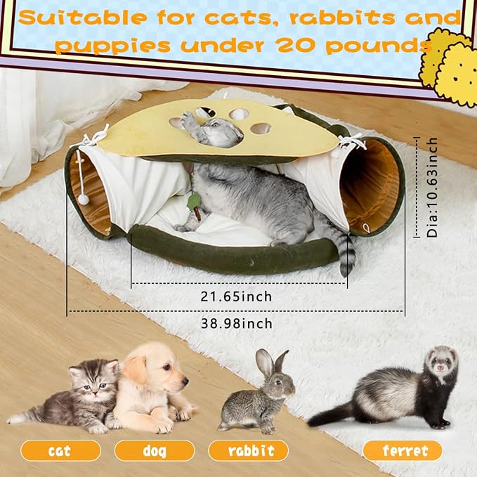 LEFTSTARER 2-in-1 Collapsible Cat Tunnel for Indoor Bed and Hideout - Pet Dog Rabbit Bunny Ferret Tunnel Tubes Toys with Removable Washable Mat, Tower Wheel Stuff - Image 3