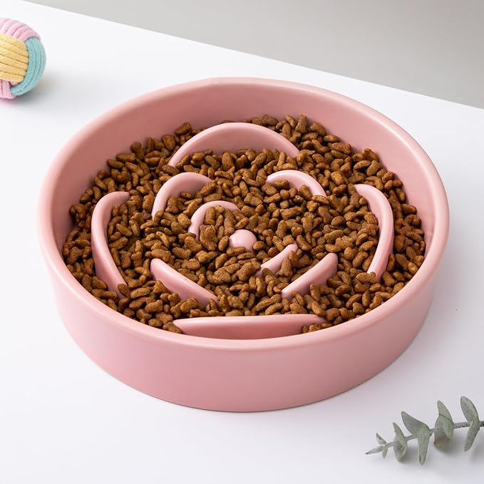 8.25'' Ceramic Slow Feeder Dog Bowls - Petal Shape Modern Dog Food Dish for Medium and Large Breeds, Puzzle Maze Bowl to Slow Down Eating, Anti-Gulping, Dishwasher & Microwave Safe, Pink - Image 7
