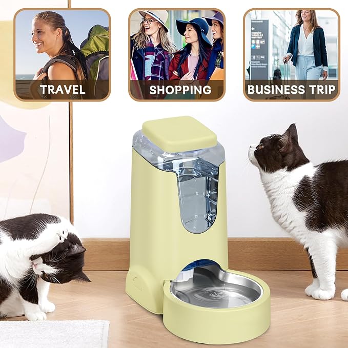 HWONMTE Portable Automatic Cat Feeder and Water Dispenser with Stainless Steel Bowl Dog Gravity Food Feeder and Waterer for Small Medium Pets Puppy Kitten 1 Gallon x 2 (Cream Yellow) - Image 7