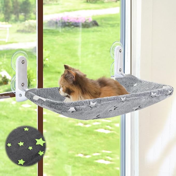 Zoratoo Glow in the Dark Cat Window Perch, Foldable Cordless Pet Hammock, M | Glowing Stars Fabric, Sturdy Metal Frame, Removable for Machine Wash, Comfortable Sunken Design Resting Seat for Indoor Cats by Zoratoo