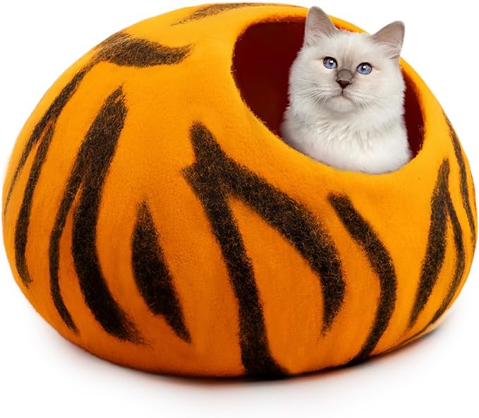 Luxurious Merino Wool Cat Cave - Foldable Hideaway Pod for Indoor Cats - Premium Felt Kitten Pet Enclosure - Covered Cat House for Ultimate Cozy Comfort by Woolygon (Tiger) by Woolygon