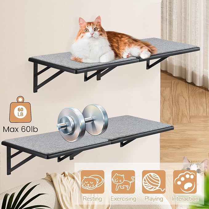 Cat Wall Shelves Set of 4, Purrfect Cat Furniture Set - 4 Piece Wooden Wall Shelves with Scratching Pad, Sleeping & Playing Area, Window Perch for Large Cats - Black - Image 5