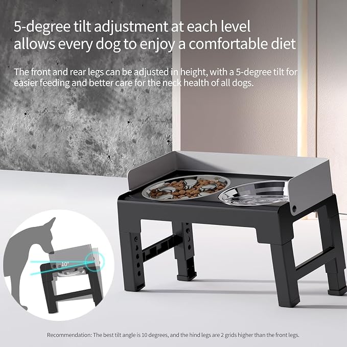 PAKEWAY Elevated Dog Bowls with Stainless Steel Slow Feeder Bowl for Medium and Large Dogs, Spill-Proof Tiltable Dog Feeder with 2 Bowls, 6-Height Adjustable Raised Dog Bowl Stand - Image 2