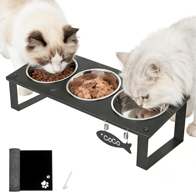 3 in 1 Elevated Cat Bowls with Splash proof Mat for Kittens, Puppies, Multi-pet Households, 10° Tilted Raised Cat Bowls Anti-Vomiting, 3 Wide Shallow Stainless Steel Bowls, Whisker Friendly, 3.5" Tall by TIDANT