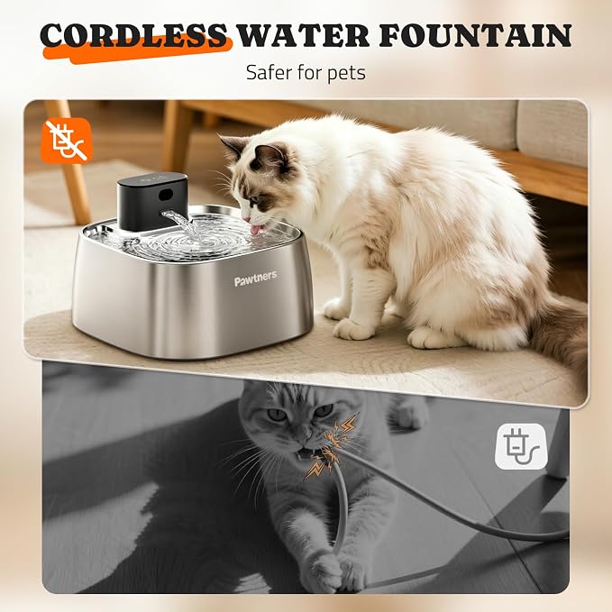 Pawtners Pumpless Cat Water Fountain Stainless Steel 108oz/3.2L, 3 Modes | Automatic Cordless Pet Water Dispenser,Easy Clean,Silent Smart Host,150°Sensor,Motion/Timed/Continuous Mode - Image 4