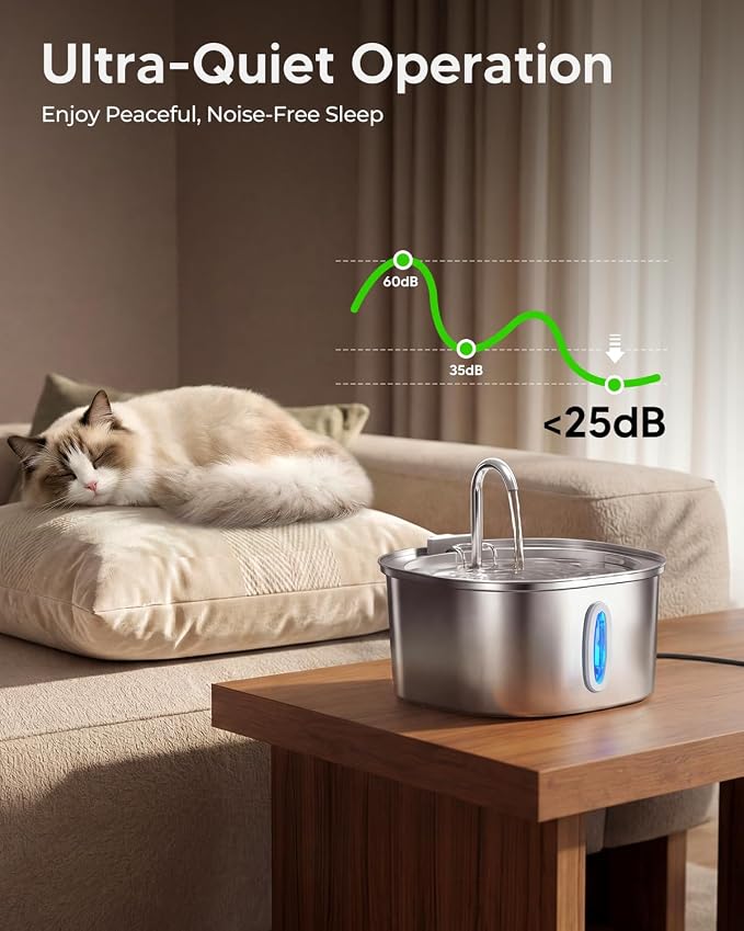 PEKTACO Stainless Steel Cat Water Fountain with 6 Filters, 3.2L/108oz | Cat drinking fountain, dishwasher safe, with triple filtration, quiet pump, and visible water window for cats and small pets - Image 6
