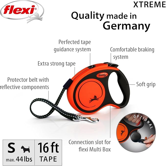 FLEXI® Xtreme Tape Retractable Dog Leash, Small, 16 ft - Orange/Black | German engineered, original flexi leash, durable quality for dogs up to 44 lbs, tangle-free, walking, reliable brake system - Image 2