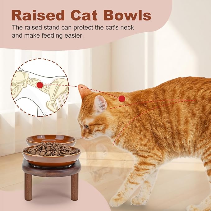 SPUNKYJUNKY Extra Wide Elevated Ceramic Cat Bowl with Acacia Wood Stand Whisker Friendly (Cat Paw Pattern, Brown) - Image 3