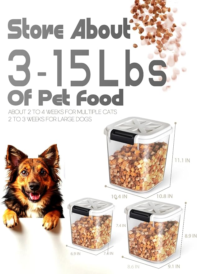 LivLab Mker 20 lb Stackable Pet Food Storage Containers, 3 Pack | Three stackable airtight bins hold 4, 6, and 10 lb for 20 lb total; includes 3 measuring cups and clear BPA-free bodies. - Image 2