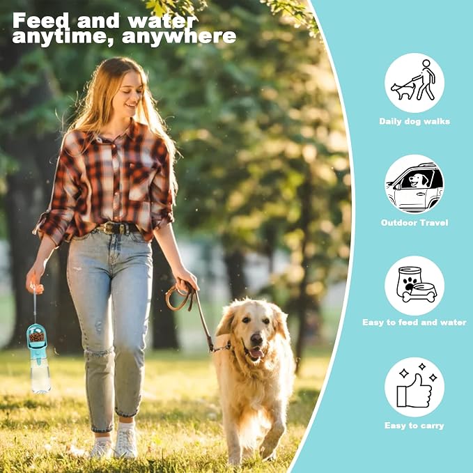 Blue Large Portable Dog Water Bottle with Food Container | Travel Dog Water Bowl(500ml),Food Container(180ml),Leak-Proof,2-in-1 Pet Essential Outdoor Supplies for Walks Hikes Campsites - Image 5