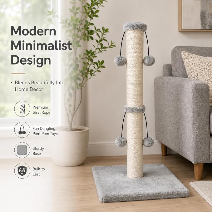 Dimaka 29'' Cat Scratching Post, Natural Sisal Rope Scratcher Post, Kitten Claw Scratch with 4 DanglingToy Balls for Large Cats (Grey) - Image 7