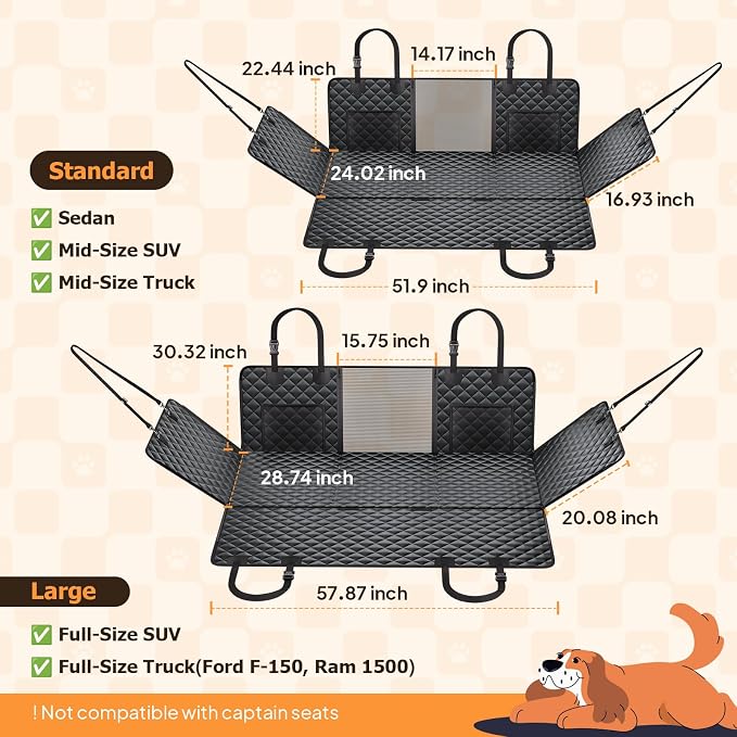 Hard Bottom Dog Car Seat Cover, Back Seat Extender for Dogs Holds 500lbs | Waterproof, Honeycomb Board, No-Sag Support, Non-slip Dog Hammock for Car SUV, Dog Seat Belt Included, Mesh Window - Image 7